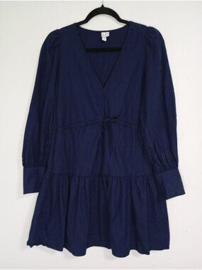 & Other Stories Navy Long-Sleeve Tiered V-Neck Dress Buttoned Cuffs Sz 4 Cotton